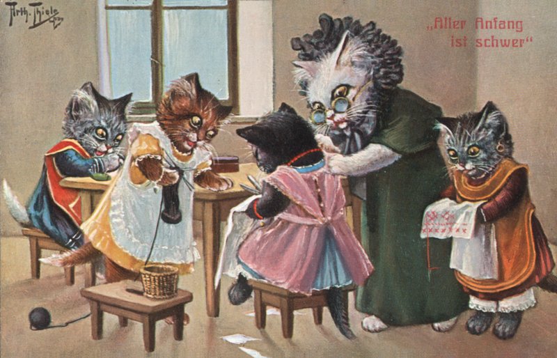 Humoristisk kattepostkort (farvelitografi) af Carl Robert Arthur Thiele