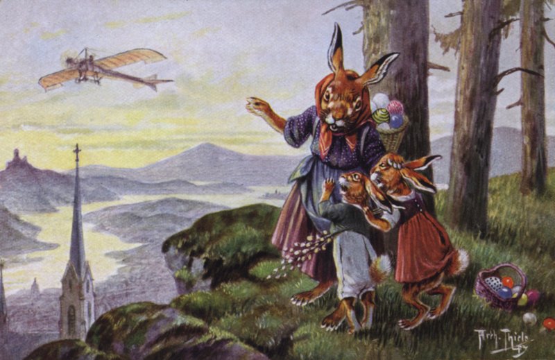 Kaniner diskuterer et fly (farve litho) af Carl Robert Arthur Thiele