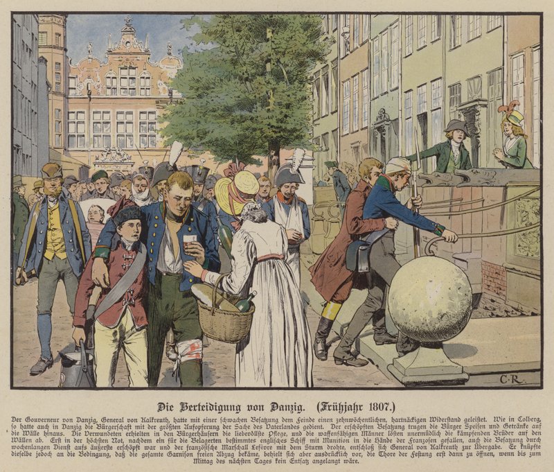 Civile hjælper preussiske sårede under forsvaret af Danzig, forår 1807 (farve litho) af Carl Röchling