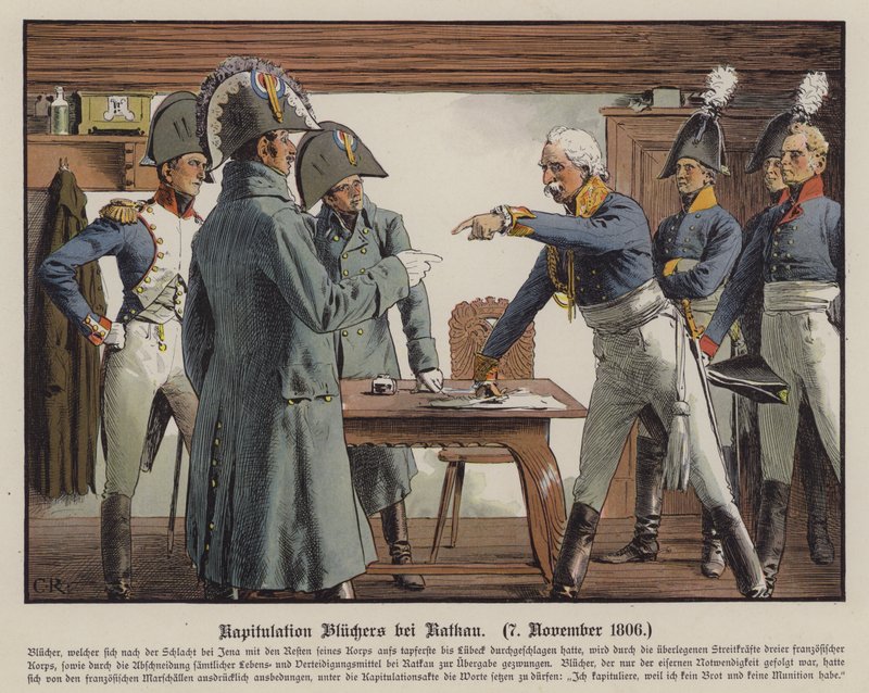 Feltmarskal Blucher overgiver sig til franskmændene ved Katekau, 7. november 1806 (farve litho) af Carl Röchling