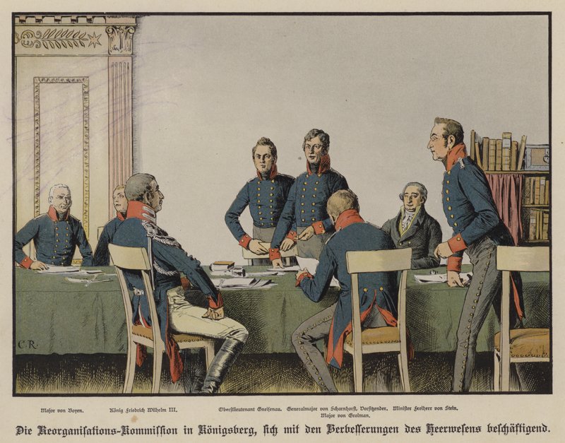 Kong Frederik Vilhelm III deltog i et møde i den preussiske militære reorganiseringskommission i Königsberg (farve litho) af Carl Röchling
