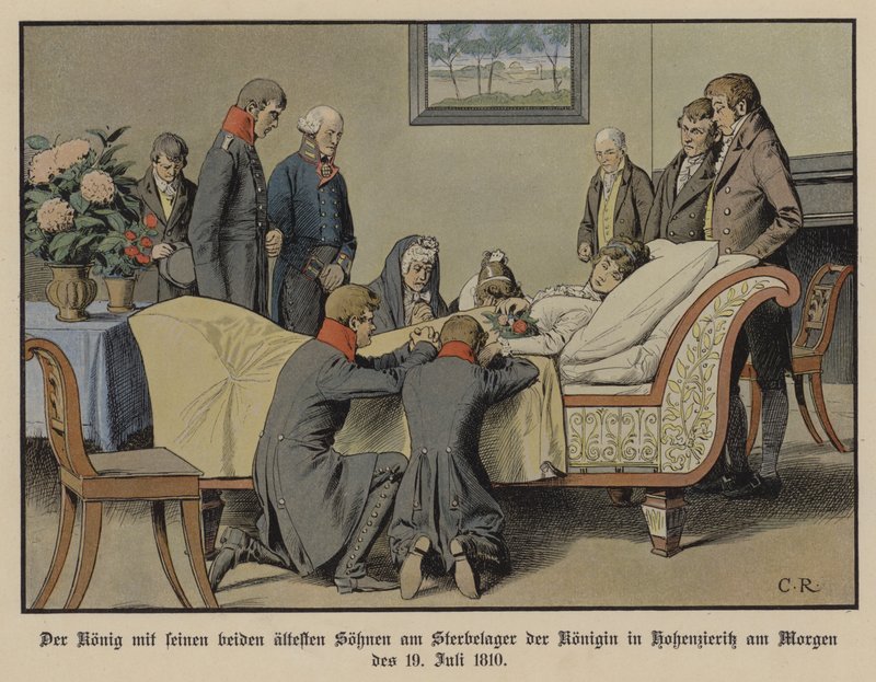Kong Frederik Vilhelm III af Preussen og hans to ældste sønner ved siden af dronning Louises dødsleje om morgenen den 19. juli 1810 (farve litho) af Carl Röchling