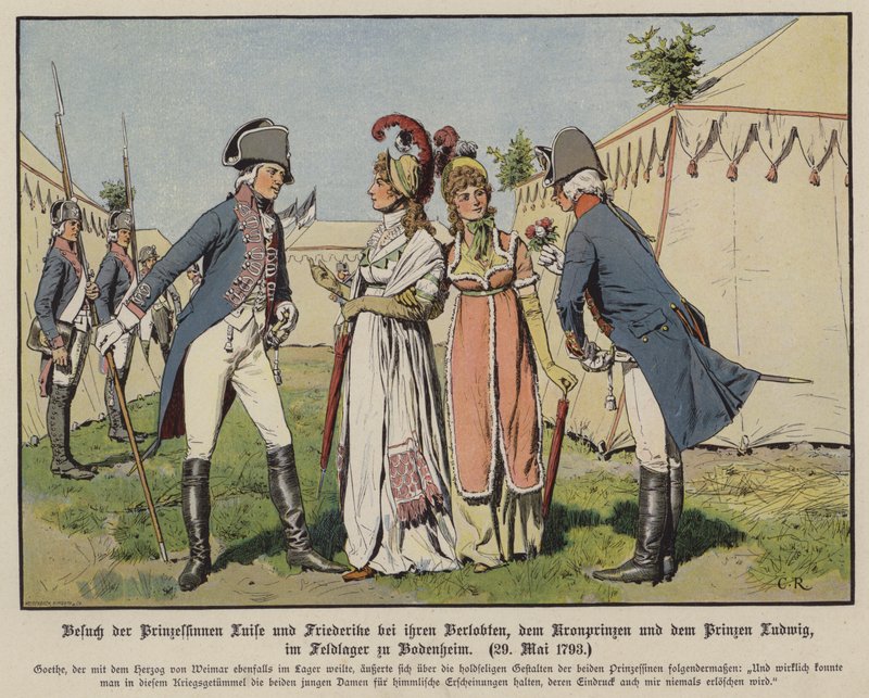 Prinsesser Louise og Frederica af Mecklenburg-Strelitz besøger deres forlovede, kronprins Frederik William af Preussen og prins Ludwig af Hannover i militærlejren Bodenheim, 20. maj 1793 (farve litho) af Carl Röchling