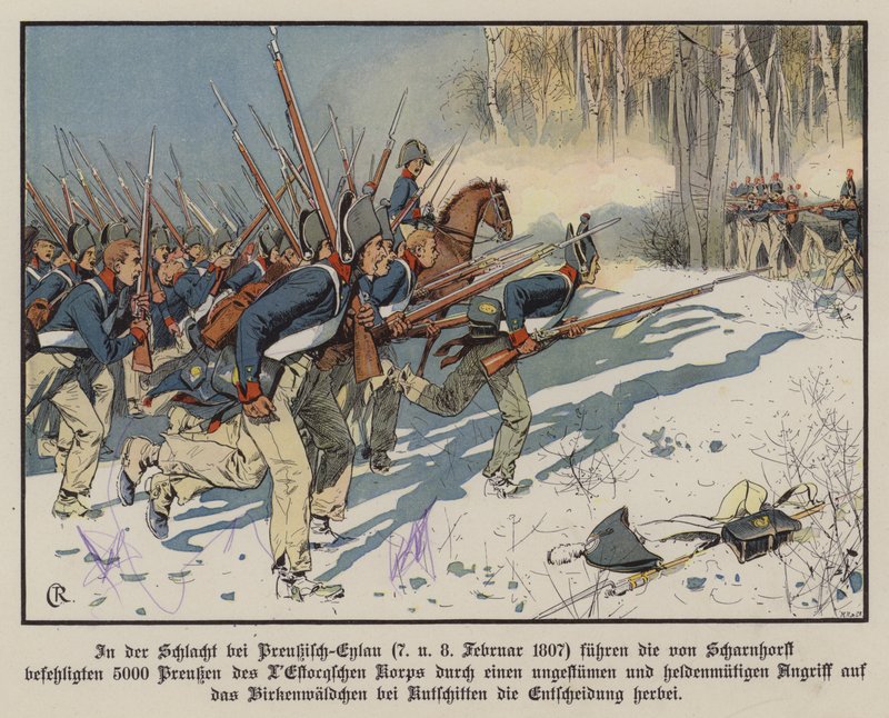 Preussisk infanteri angriber i slaget ved Eylau, 7.-8. februar 1807 (farve litho) af Carl Röchling