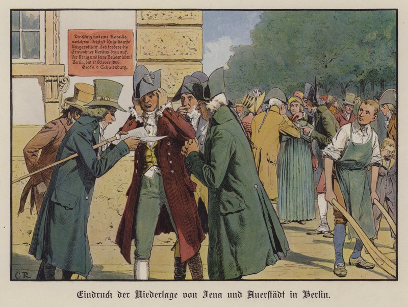 Effekten af nyheden om Preussens nederlag i slaget ved Jena-Auerstadt på gaderne i Berlin (farve litho) af Carl Röchling