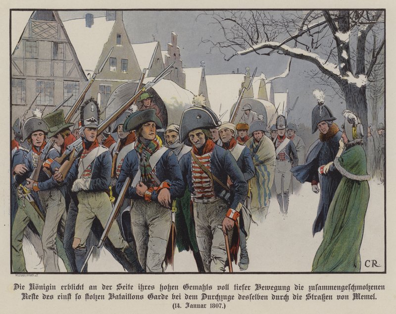 Resten af den preussiske hær marcherer forbi kong Frederik Vilhelm III og dronning Louise gennem Memels gader af Carl Röchling