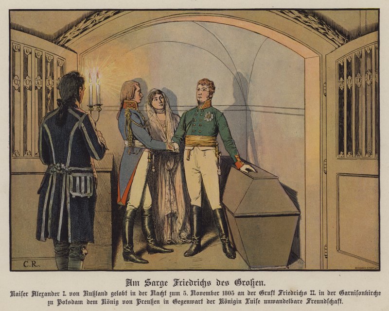 Zar Alexander I af Rusland besøger Frederik den Stores grav i Potsdam sammen med kong Frederik Vilhelm III og dronning Louise af Preussen og sværger sit urokkelige venskab, 5. november 1805 (farve litho) af Carl Röchling