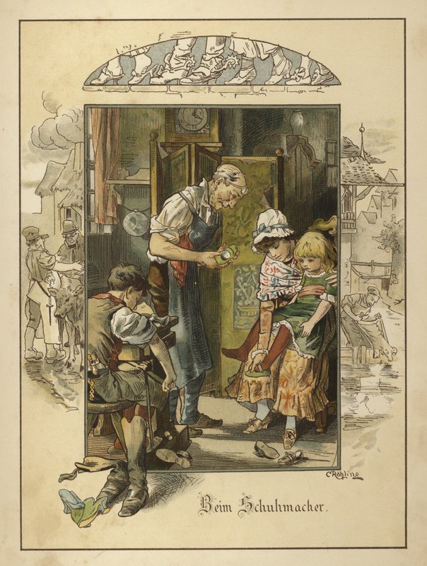 Hos skomageren (farve litho) af Carl Rohling