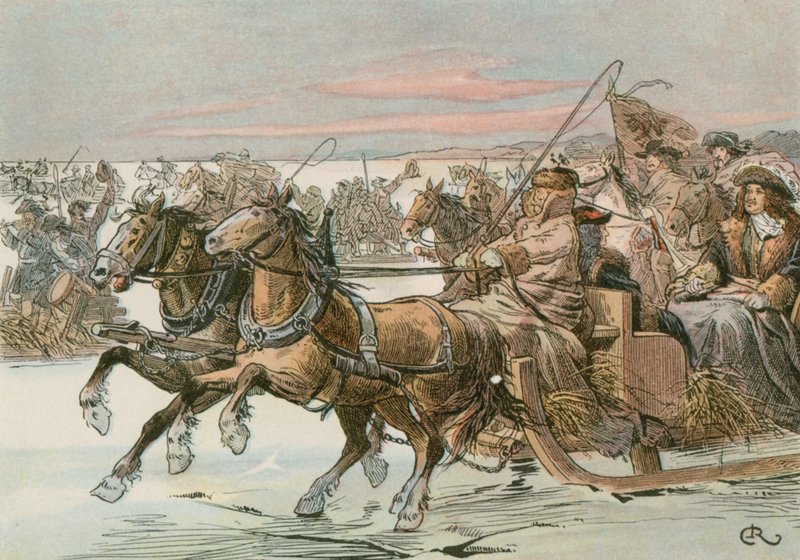 Frederick William, den store kurfyrste (1620-1688), krydsede den kuriske lagune med slæde i en ekspedition mod svenskerne i 1678 af Carl Rohling