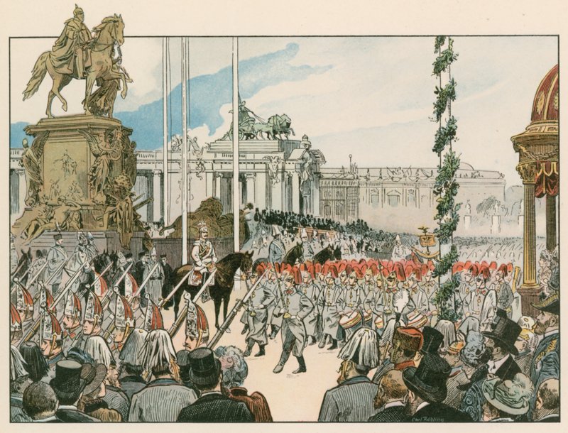 Wilhelm II, tysk kejser og konge af Preussen (1859-1941), ved indvielsen af det nationale monument i Berlin i 1897 af Carl Rohling