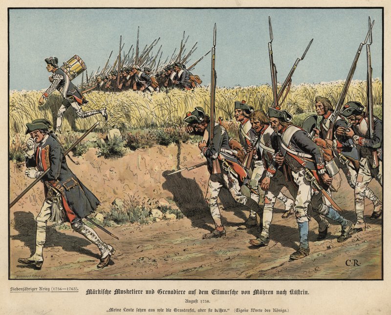 Preussiske musketerer og grenaderer på march fra Mahren til Kustrin af Carl Röchling