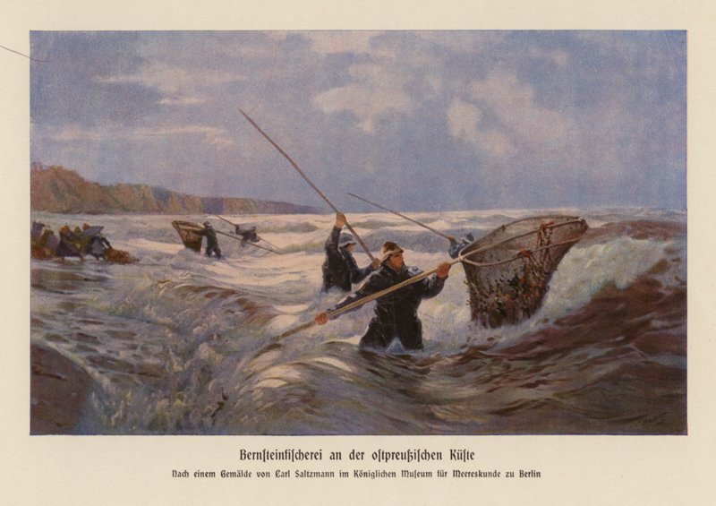 Indsamling af rav i Østersøen, Østpreussen (farvelitografi) af Carl Saltzmann