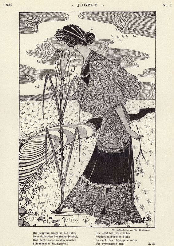 Kvinde, der lugter en blomst (litho) af Carl Strathmann