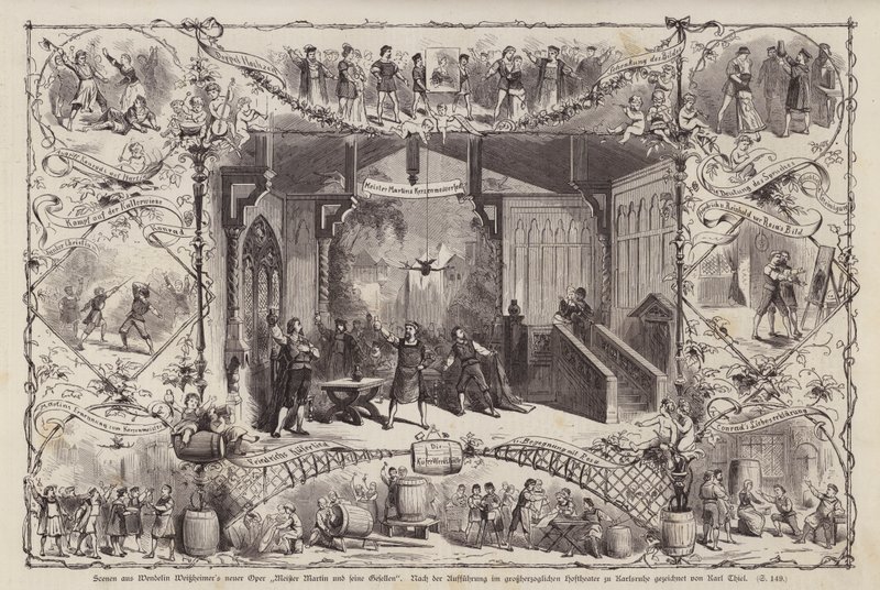 Scener fra den tyske komponist Wendelin Weissheimers opera Meister Martin und Seine Gesellen (Master Martin and His Companions), opført på Grossherzoglichen Hoftheater, Karlsruhe, Tyskland (gravering) af Carl Thiel