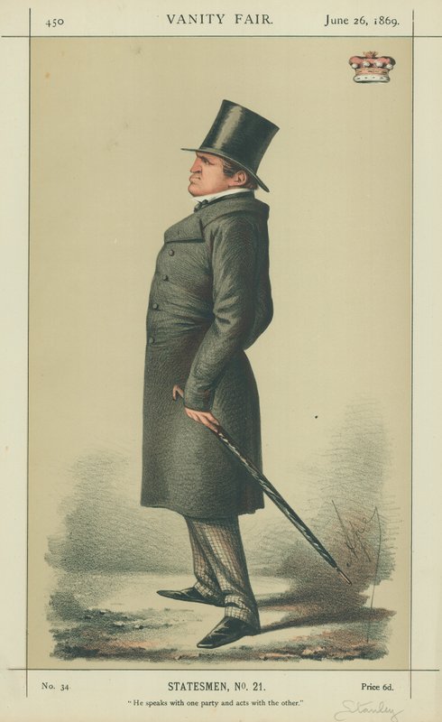 Lord Stanley, han taler med den ene part og handler med den anden, 26. juni 1869, Vanity Fair tegnefilm af Carlo Pellegrini