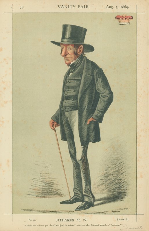 Hertugen af Somerset, stolt og oprigtig, men alligevel liberal og retfærdig nægtede han at tjene under denne mest ydmyge premiere, 7. august 1869, Vanity Fair-tegnefilm af Carlo Pellegrini