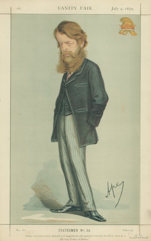 Hertugen af Sutherland, selv enkel og beskeden, men alligevel storslået og generøs over for sine medmennesker, han selveste hertugprinsen, 9. juli 1870, Vanity Fair tegneserie af Carlo Pellegrini
