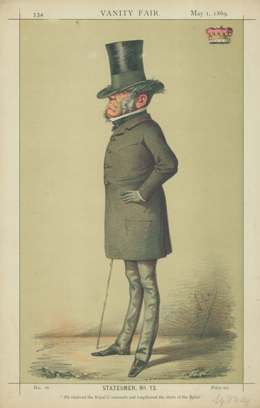 Viscount Sydney, Han modtog Royal Commands og forlængede skørterne af Balletten, 1. maj 1869, Vanity Fair tegneserie af Carlo Pellegrini