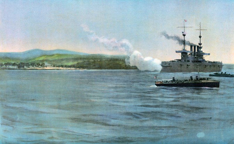 Admiral Sampsons flagskib, den amerikanske panserkrydser New York, skyder på en kystvagt af spansk kavaleri, ud for Cabanas, 29. april 1898 af Carlton Theodore Chapman