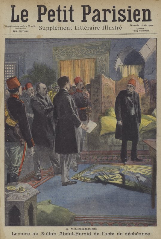 Oplæsning af deponeringshandlingen til sultan Abdul Hamid II ved Yildiz-paladset, Konstantinopel af Carrey