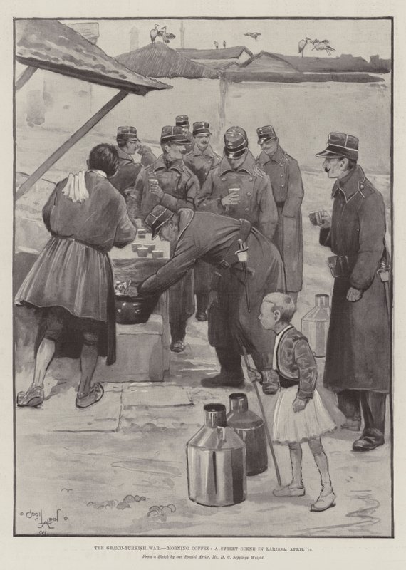 Den græsk-tyrkiske krig, morgenkaffe, en gadescene i Larissa, 19. april af Cecil Charles Windsor Aldin
