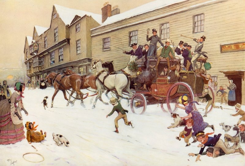 The Christmas Coach på Bell Inn, Hurley, 1830 af Cecil Charles Windsor Aldin