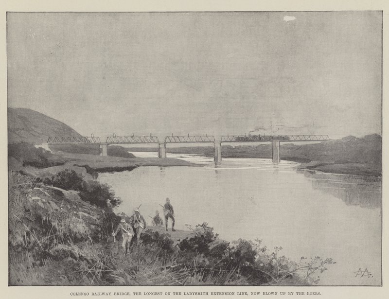 Colenso Railway Bridge, den længste på Ladysmith Extension Line, nu sprængt i luften af boerne af Charles Auguste Loye