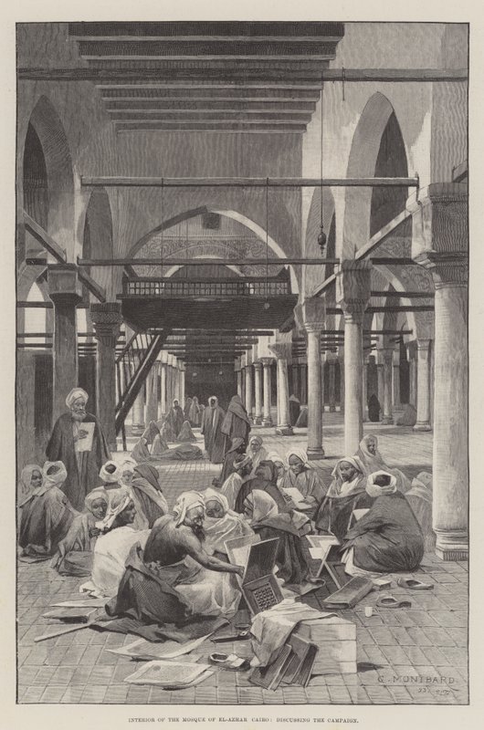 Interiør i El-Azhar-moskeen i Cairo, hvor kampagnen diskuteres af Charles Auguste Loye
