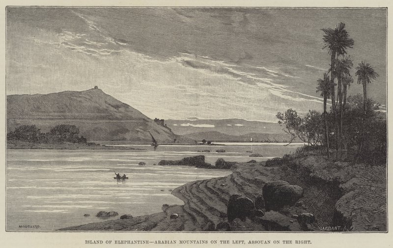 Island of Elephantine, Arabian Mountains til venstre, Assouan til højre af Charles Auguste Loye