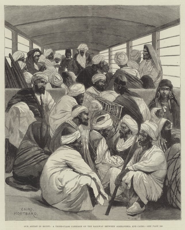 Vores kunstner i Egypten, en tredjeklasses vogn på jernbanen mellem Alexandria og Cairo af Charles Auguste Loye