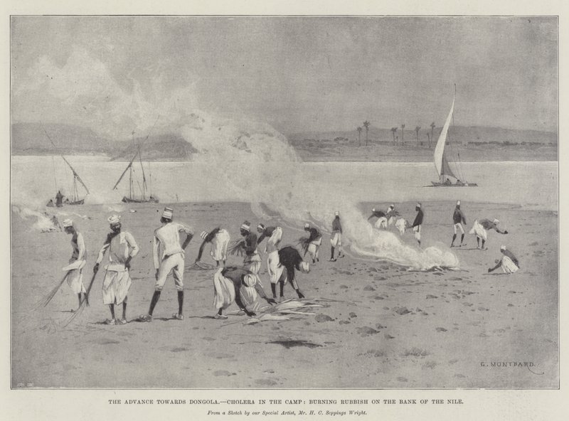 Fremrykningen mod Dongola, kolera i lejren, brændende affald på bredden af Nilen af Charles Auguste Loye