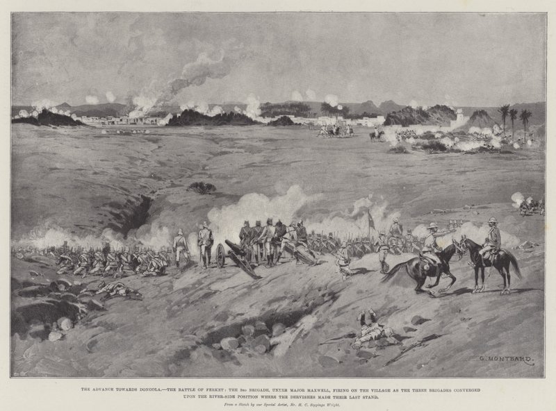 Fremrykningen mod Dongola, slaget ved Ferket, 3. brigade, under major Maxwell, skydende mod landsbyen, da de tre brigader konvergerede på flodsiden, hvor dervisherne lavede af Charles Auguste Loye