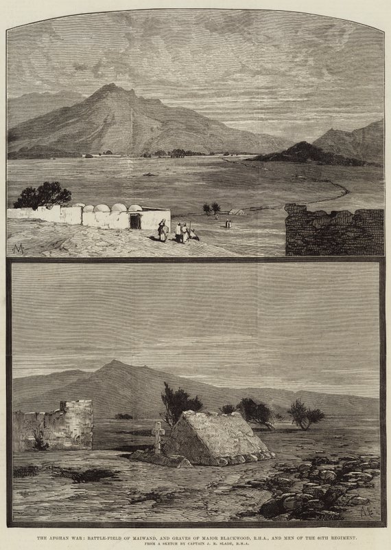Den afghanske krig, Maiwands slagmark og grave af major Blackwood, RHA og mænd fra det 66. regiment af Charles Auguste Loye