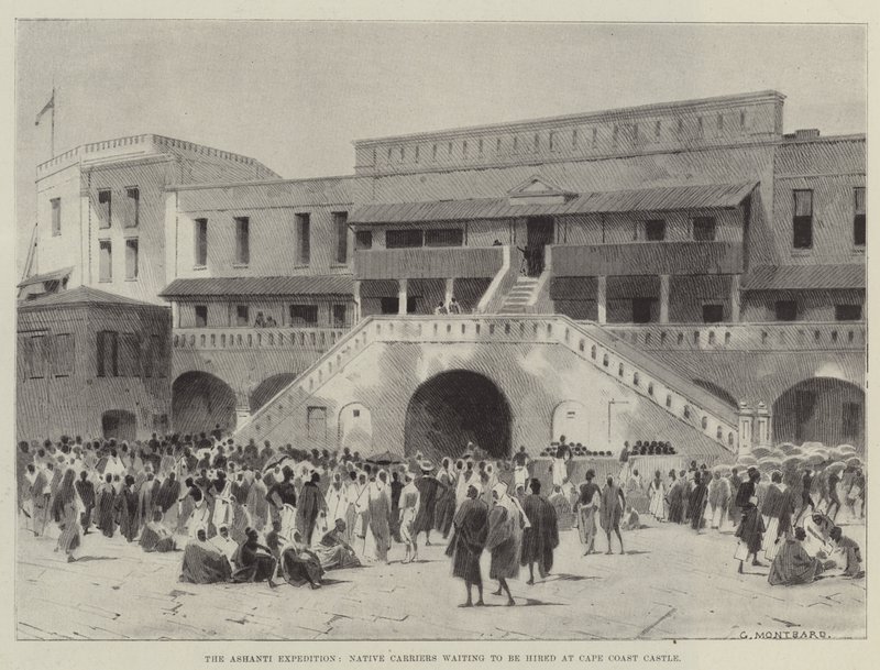 Ashanti-ekspeditionen, indfødte transportører, der venter på at blive ansat på Cape Coast Castle af Charles Auguste Loye