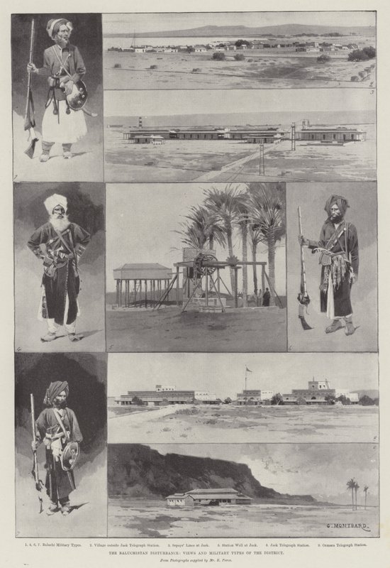 Distriktets Baluchistan-forstyrrelser, udsigter og militære typer af Charles Auguste Loye
