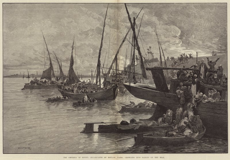 Koleraen i Egypten, indbyggerne i Boulak, Cairo, trænges i pramme på Nilen af Charles Auguste Loye