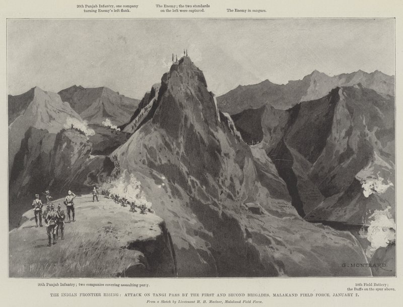 The Indian Frontier Rising, angreb på Tangi-passet af første og anden brigade, Malakand Field Force, 7. januar af Charles Auguste Loye