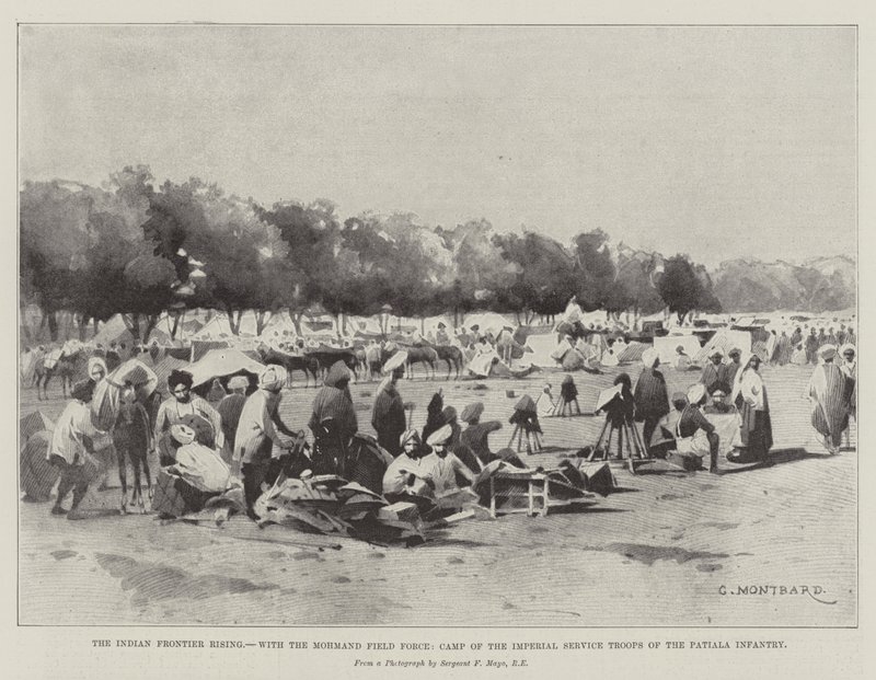 The Indian Frontier Rising, med Mohmand Field Force, lejr for de kejserlige tjenestetropper fra Patiala-infanteriet af Charles Auguste Loye