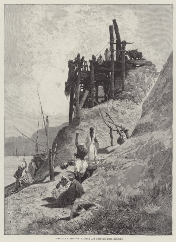 Nil-ekspeditionen, Sakiyeh og Shadouf, nær Korosko af Charles Auguste Loye