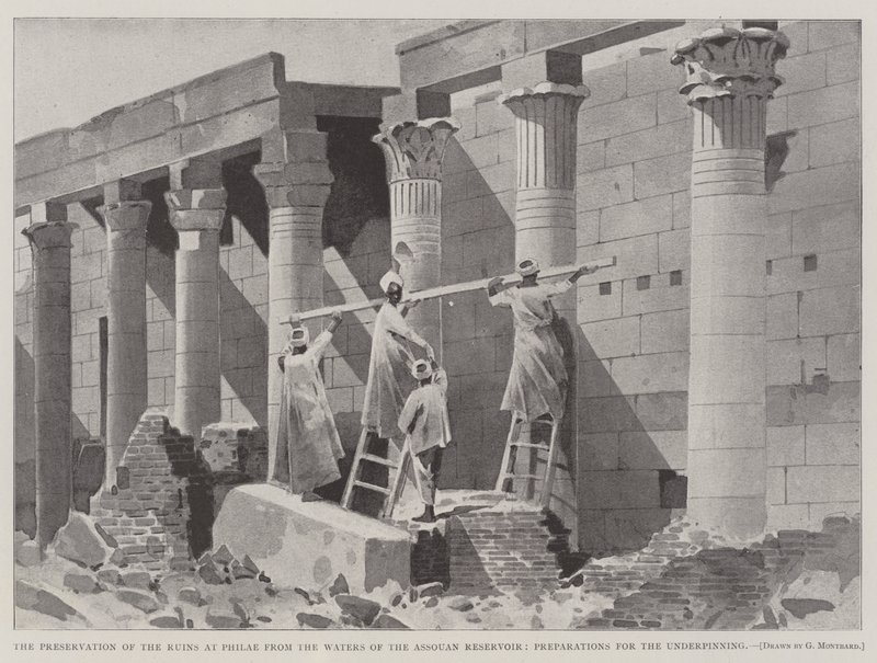 Bevarelsen af ruinerne ved Philae fra Assouan Reservoirets farvande, forberedelser til underbygningen af Charles Auguste Loye