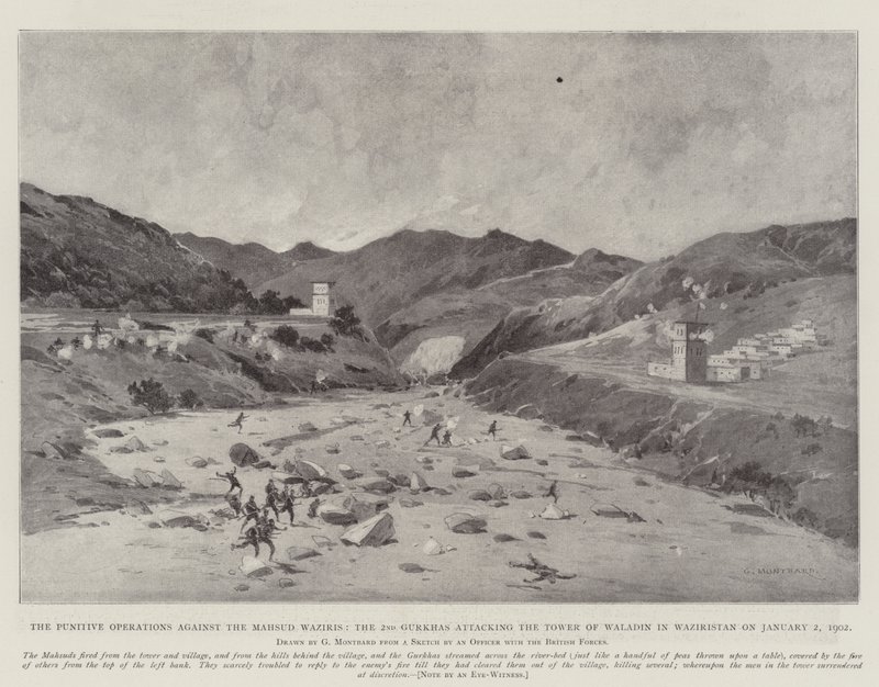 Straffeoperationerne mod Mahsud Wazirierne, de 2. Gurkhaer angreb Waladin-tårnet i Waziristan den 2. januar 1902 af Charles Auguste Loye