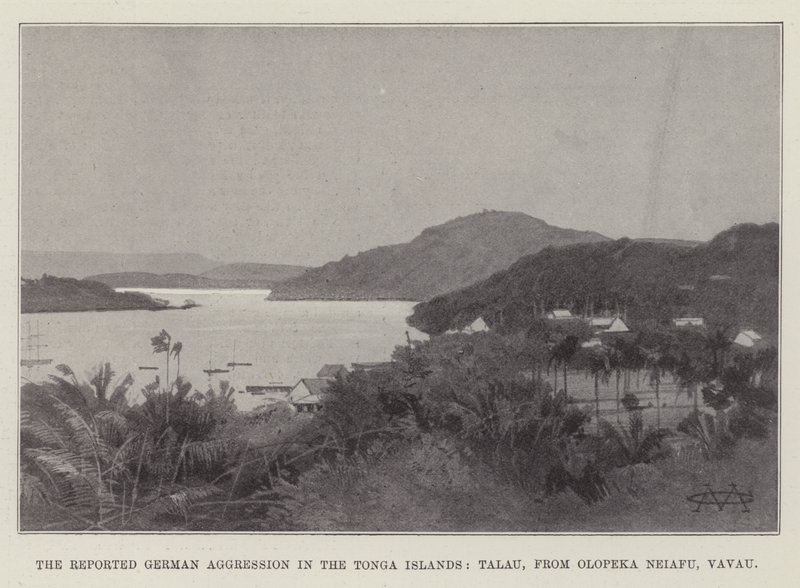 Den rapporterede tyske aggression på Tonga-øerne, Talau, fra Olopeka Neiafu, Vavau af Charles Auguste Loye