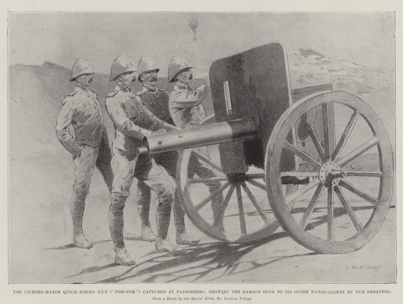 Vickers-Maxim Quick-Firing Gun (Pom-Pom) fanget ved Paardeberg og viser skaden på dens ydre vandjakke af Our Shrapnel af Charles Auguste Loye