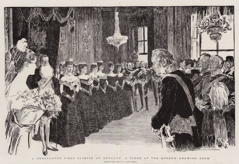 En debutants første glimt af royale, en scene i dronningens tegnestue af Charles Dana Gibson