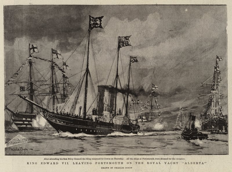 Kong Edward VII forlader Portsmouth på Royal Yacht Alberta af Charles Edward Dixon