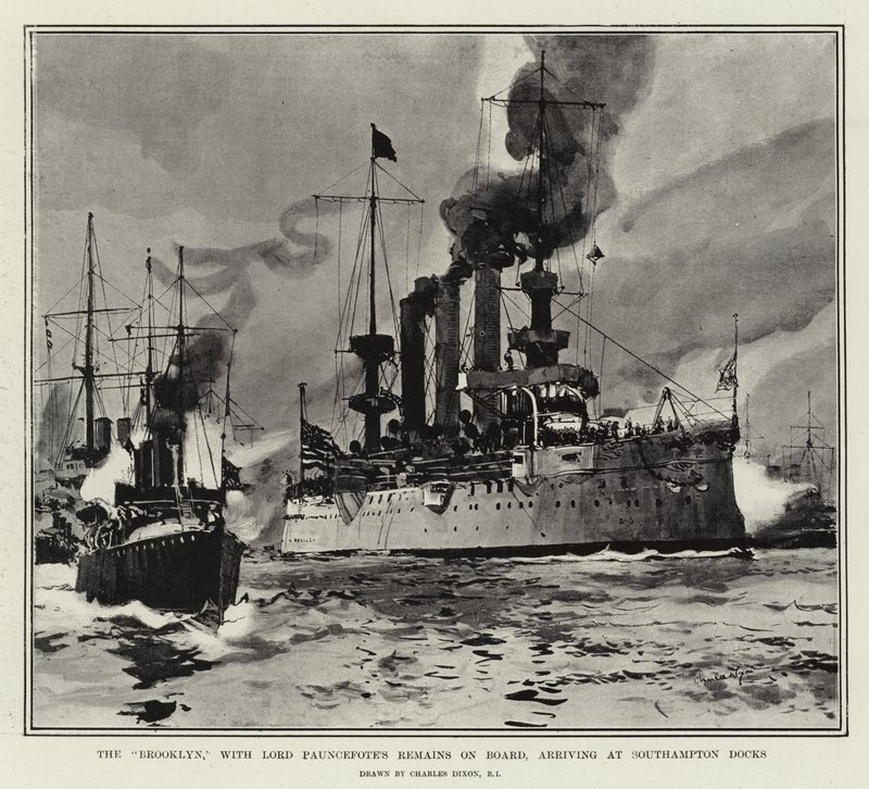 Brooklyn, med Lord Pauncefotes rester om bord, ankommer til Southampton Docks af Charles Edward Dixon