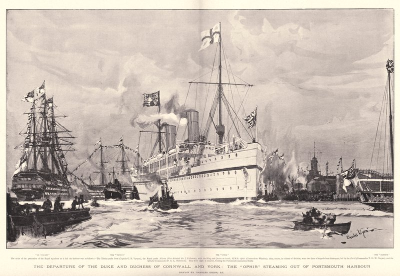 Hertugen og hertuginden af Cornwall og Yorks afgang, Ophir dampede ud af Portsmouth Havn af Charles Edward Dixon