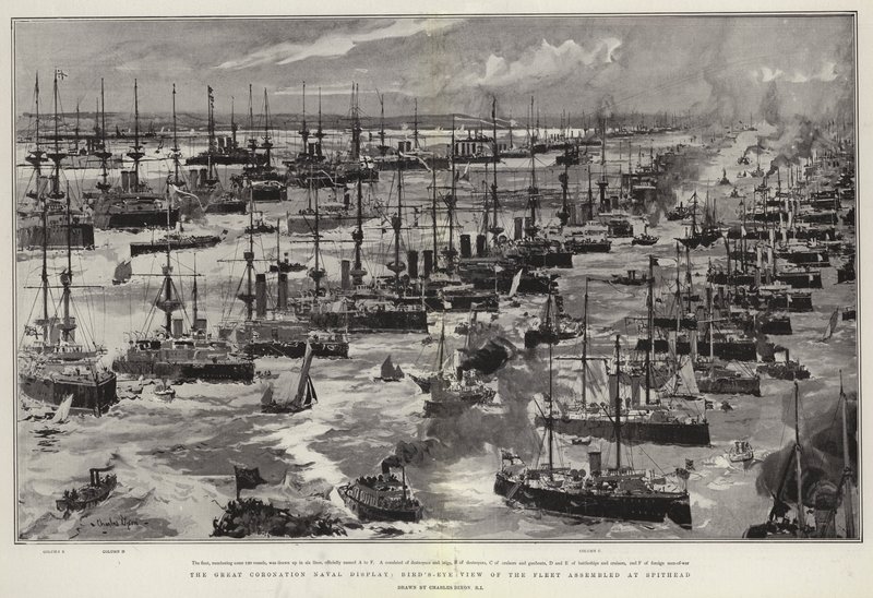 The Great Coronation Naval Display, fugleperspektiv af flåden samlet ved Spithead af Charles Edward Dixon