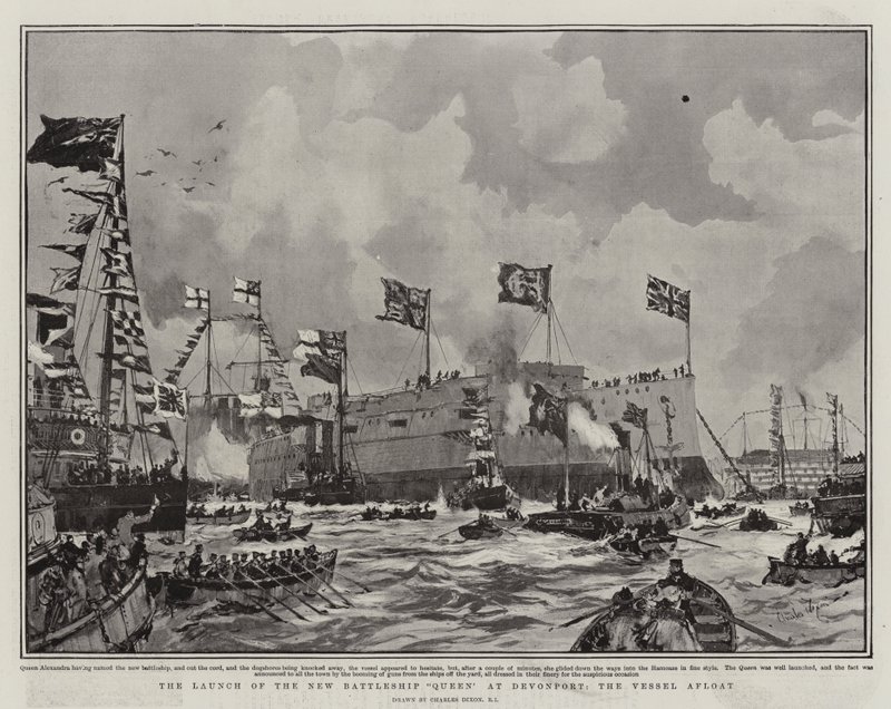 Lanceringen af det nye slagskibsdronning ved Devonport, fartøjet flydende af Charles Edward Dixon