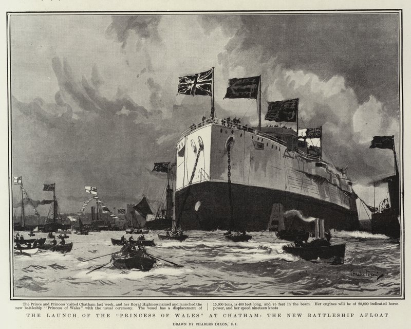 Søsætning af Princess of Wales i Chatham, det nye slagskib til søs af Charles Edward Dixon